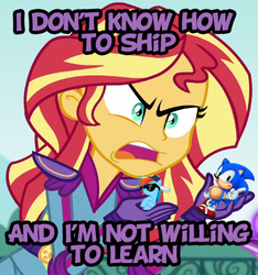 Size: 365x390 | Tagged: safe, edit, edited screencap, screencap, rainbow dash, sunset shimmer, equestria girls, friendship games, g4, angry, caption, crossover, female, glasses, image macro, interspecies, male, meme, op is a duck, op is trying to start shit, shipping, solo, sonic the hedgehog, sonic the hedgehog (series), sonicdash, straight, sunset is not willing to learn