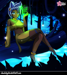 Size: 809x900 | Tagged: safe, artist:clouddg, zecora, human, g4, animal ears, anklet, barefoot, bedroom eyes, bracelet, clothes, earring, everfree forest, feet, female, grin, humanized, looking at you, magic, piercing, smiling, solo, water
