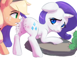 Size: 800x600 | Tagged: safe, artist:grissaecrim, applejack, rarity, earth pony, pony, unicorn, g4, butt, cactus, crouching, dock, duo, embarrassed, female, floppy ears, injured, literal butthurt, mouth hold, ouch, plot, plucking, pricked, rearity, rock, sweat