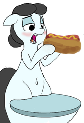 Size: 343x498 | Tagged: safe, artist:anontheanon, oc, oc only, oc:kohlette, object pony, original species, toilet pony, but why, eating, food, hot dog, looking at you, meat, not salmon, open mouth, ponified, sausage, simple background, smiling, solo, toilet, wat, what has science done
