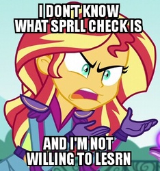 Size: 365x390 | Tagged: safe, edit, edited screencap, screencap, sunset shimmer, equestria girls, g4, my little pony equestria girls: friendship games, caption, female, image macro, meme, misspelling, solo, sunset is not willing to learn