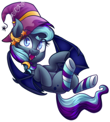 Size: 953x1052 | Tagged: dead source, safe, artist:spacechickennerd, oc, oc only, oc:witch hunt, bat pony, pony, cute, cute little fangs, fangs, female, hat, mare, open mouth, solo, witch hat
