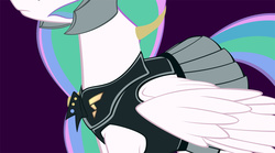 Size: 1024x569 | Tagged: safe, artist:styroponyworks, princess celestia, g4, armor, armor skirt, clothes, female, helmet, pleated skirt, skirt, solo