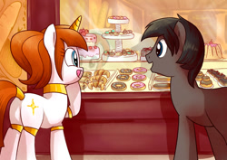 Size: 800x566 | Tagged: safe, artist:yulyeen, oc, oc only, oc:bullet bread, oc:roxy, pony, bakery, bread, cake, croissant, donut, duo, female, food, french chocolate bread, male, mare, pastry, stallion, tongue out