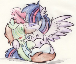 Size: 558x473 | Tagged: safe, artist:fizzbuzz3456, twilight sparkle, oc, oc:northern haste, alicorn, pony, g4, adult foal, age regression, commission, female, hypnosis, mare, mental regression, onesie, pacifier, traditional art, twilight sparkle (alicorn)