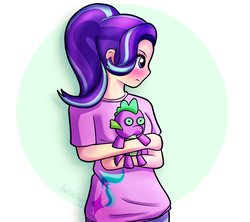 Size: 4500x4000 | Tagged: safe, artist:artartzy, spike, starlight glimmer, human, g4, blushing, clothes, embarrassed, female, humanized, male, ship:sparlight, shipping, shirt, solo, spike plushie, straight, tsundere, tsunlight glimmer