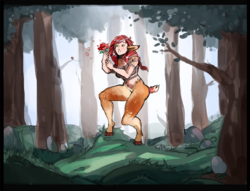 Size: 1048x800 | Tagged: safe, artist:hello-hochee, idw, oc, oc only, oc:thickette, deer, satyr, faun, flower, forest, parent:deer, solo