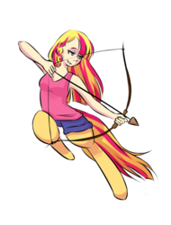 Size: 961x1267 | Tagged: safe, artist:cups, derpibooru exclusive, oc, oc only, oc:eventide, satyr, archery, arrow, bow (weapon), bow and arrow, offspring, parent:sunset shimmer, weapon