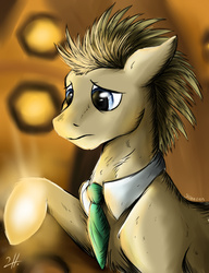 Size: 500x650 | Tagged: safe, artist:shimazun, doctor whooves, time turner, earth pony, pony, g4, doctor who, male, necktie, regeneration, sad, solo, stallion, tardis, tardis console room, tardis control room, the doctor, the end of time