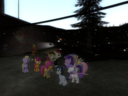 Size: 1280x960 | Tagged: safe, artist:wiimeiser, button mash, coloratura, dinky hooves, doctor whooves, fluttershy, princess flurry heart, roseluck, rumble, scootaloo, starlight glimmer, time turner, pegasus, pony, unicorn, g4, 3d, butt, depth of field, female, filly, foal, gmod, looking at you, male, mare, motherly scootaloo, older, plot, self ponidox, snow, stallion, tongue out, when you see it