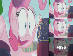 Size: 960x745 | Tagged: safe, artist:蘋果花, edit, edited screencap, screencap, pinkie pie, g4, the gift of the maud pie, against glass, facebook, faic, glass, pouch, rock pouch