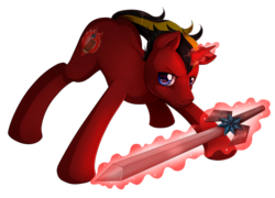 Size: 1024x737 | Tagged: safe, artist:evomanaphy, oc, oc only, oc:blazing light, pony, unicorn, fighting stance, glowing horn, horn, looking at you, magic, solo, sword, weapon