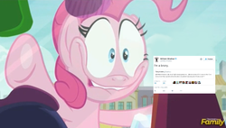 Size: 887x504 | Tagged: safe, pinkie pie, g4, my little pony: friendship is magic, the gift of the maud pie, against glass, brony, exploitable meme, faic, glass, meme, pinkie pie excited meme, text, twitter, welcome to the herd, william shatner