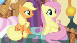 Size: 640x360 | Tagged: safe, screencap, applejack, fluttershy, g4, party pooped, cropped