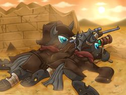 Size: 2000x1500 | Tagged: safe, artist:vavacung, oc, oc only, changeling, bandage, clothes, desert, fangs, gun, lying down, male, optical sight, prone, rifle, scar, sniper, sniper rifle, spotter, spotter's scope, sun, telescope, underhoof, war, weapon
