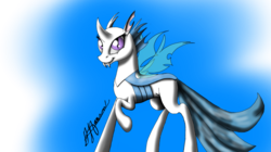 Size: 1280x717 | Tagged: safe, artist:music-brush, oc, oc only, oc:kelaini, changeling, albino, albino changeling, female, holeless, raised hoof, smiling, solo, white changeling