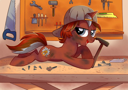 Size: 3507x2480 | Tagged: safe, artist:yulyeen, oc, oc only, oc:rust yards, pony, unicorn, backwards ballcap, baseball cap, crosscut saw, dexterous hooves, dirty, grease monkey, hammer, hat, high res, lidded eyes, looking at you, lying down, saw, solo, tools, workbench, wrench
