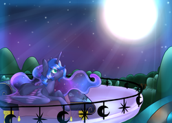 Size: 1280x914 | Tagged: safe, artist:twisted-sketch, princess luna, g4, balcony, couch, crepuscular rays, female, forest, moon, night, prone, solo, stars