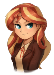 Size: 641x874 | Tagged: safe, artist:audrarius, sunset shimmer, human, equestria girls, g4, bust, clothes, cute, female, humanized, looking at you, shimmerbetes, simple background, smiling, solo, white background