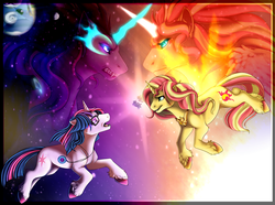 Size: 1600x1190 | Tagged: safe, artist:inushiri, sci-twi, sunset shimmer, twilight sparkle, pony, unicorn, equestria girls, g4, my little pony equestria girls: friendship games, counterparts, daydream shimmer, equestria girls ponified, fangs, growling, midnight sparkle, ponified, realistic horse legs, twilight's counterparts, unicorn sci-twi, unshorn fetlocks