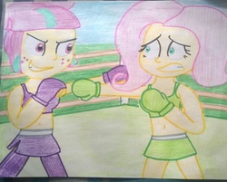 Size: 1024x823 | Tagged: safe, artist:toyminator900, fluttershy, sour sweet, equestria girls, g4, my little pony equestria girls: friendship games, spoiler:the accompanied, belly button, boxing, clothes, exeron fighters, fingerless gloves, gloves, martial arts, midriff, skirt, sports bra