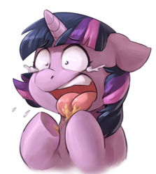 Size: 741x832 | Tagged: safe, artist:audrarius, twilight sparkle, pony, unicorn, g4, alternate hairstyle, cheese, crying, female, food, mare, open mouth, solo, they're just so cheesy, tongue out, underhoof