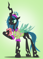 Size: 806x1100 | Tagged: safe, artist:pixelkitties, queen chrysalis, changeling, changeling queen, g4, clothes, crown, female, food, headband, jewelry, juice, juice box, messy mane, regalia, shirt, simple background, solo