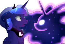 Size: 1300x900 | Tagged: safe, artist:zoruanna, princess luna, tantabus, alicorn, pony, g4, duality, duo, monster mane, s1 luna, simple background, white background