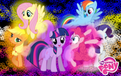 Size: 1680x1050 | Tagged: safe, artist:sonic12lexi, applejack, fluttershy, pinkie pie, rainbow dash, rarity, twilight sparkle, g4, logo, mane six, my little pony logo, pose, shiny, stars, vector, wallpaper