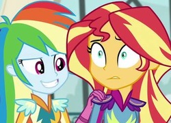 Size: 349x251 | Tagged: safe, edit, rainbow dash, sunset shimmer, equestria girls, g4, my little pony equestria girls: friendship games, cropped, grin