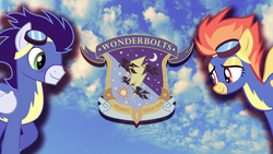 Size: 2560x1440 | Tagged: safe, artist:pennymester, soarin', spitfire, pegasus, pony, g4, duo, emblem, goggles, show accurate, sky, vector, wallpaper, wonderbolts, wonderbolts uniform