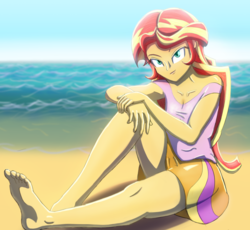 Size: 1172x1080 | Tagged: safe, artist:crunchtherobot, sunset shimmer, equestria girls, g4, barefoot, beach, clothes, cute, feet, female, legs, skirt, skirt lift, solo, tank top