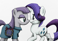 Size: 1000x699 | Tagged: safe, artist:rockingscorpion, maud pie, rarity, g4, my little pony: friendship is magic, the gift of the maud pie, clothes, pouch, raised hoof, rock pouch, scene interpretation, signature, staring contest