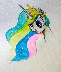 Size: 2677x3147 | Tagged: safe, artist:lisa-elburn, princess celestia, pony, g4, bust, derp, doodle, female, high res, open mouth, open smile, portrait, simple background, smiling, solo, traditional art, watercolor painting