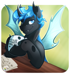 Size: 2000x2105 | Tagged: safe, artist:painted wave, oc, oc only, oc:aspire, changeling, blue changeling, coffee mug, high res, male, mug, smiling, smug, solo