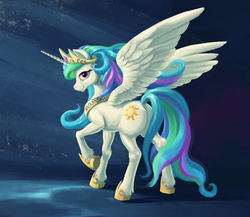 Size: 1200x1043 | Tagged: dead source, safe, artist:maggwai, princess celestia, alicorn, pony, g4, butt, crown, female, horseshoes, jewelry, looking at you, looking back, mare, peytral, plot, raised hoof, regalia, smiling, solo, spread wings, sunbutt, unshorn fetlocks