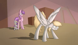 Size: 2782x1620 | Tagged: safe, artist:wolfcatfire, amethyst star, derpy hooves, dinky hooves, sparkler, pegasus, pony, g4, equestria's best mother, female, floppy ears, guardian, imminent ass kicking, mama bear, mare, protecting, spread wings