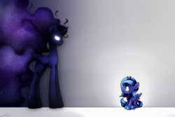 Size: 1800x1200 | Tagged: safe, artist:jadekettu, princess luna, g4, filly, galaxy mane, glowing eyes, self ponidox, woona