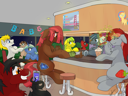 Size: 2000x1500 | Tagged: safe, artist:kassc, oc, oc only, oc:dusk sunrich, oc:fade, oc:lemon drop, oc:losian, oc:nova spark, alcohol, babscon, bar, deadpool, food, hips