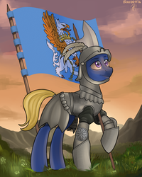 Size: 2520x3150 | Tagged: safe, artist:gluxar, earth pony, griffon, pony, armor, bertrand du guesclin, flag, france, grass, halberd, helmet, high res, history, hundred years' war, mountain, ponified, prance, solo, war, weapon