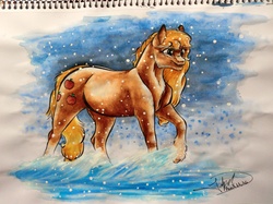 Size: 4316x3234 | Tagged: safe, artist:artmadebyred, applejack, g4, chest fluff, female, fluffy, snow, snowfall, solo, traditional art, watercolor painting