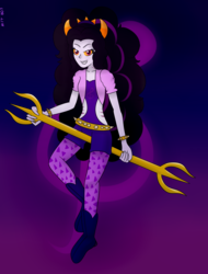 Size: 2556x3360 | Tagged: safe, artist:mit-boy, adagio dazzle, equestria girls, g4, 2x3dent, bracelet, clothes, crossover, female, high res, homestuck, purple background, sharp teeth, signature, simple background, solo, spikes, trident, troll (homestuck), trollified, weapon