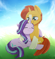 Size: 549x587 | Tagged: safe, artist:okaces, starlight glimmer, sunburst, pony, unicorn, g4, blushing, cuddling, cute, duo, duo male and female, eyes closed, female, floppy ears, glimmerbetes, hug, male, mare, prone, ship:starburst, shipping, sitting, smiling, snuggling, stallion, straight, weapons-grade cute