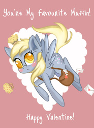 Size: 1100x1488 | Tagged: safe, artist:hugglechan, derpy hooves, pegasus, pony, g4, blushing, female, flying, food, letter, mailbag, mailmare, mare, muffin, solo, valentine, valentine's day
