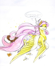 Size: 1024x1335 | Tagged: safe, artist:sagastuff94, angel bunny, fluttershy, butterfly, dragonfly, rabbit, squirrel, g4, animal, grammar error, speech bubble, traditional art