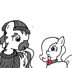 Size: 640x600 | Tagged: safe, artist:ficficponyfic, oc, oc only, oc:adetokunbo, oc:emerald jewel, earth pony, pony, zebra, colt quest, adult, amulet, child, clothes, colt, concerned, cutie mark, foal, frown, hair over one eye, male, nervous, pirate, stallion, story included, sweater, toboggan, trap