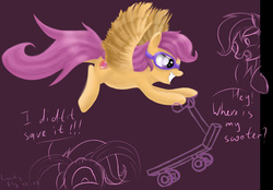 Size: 1150x800 | Tagged: safe, artist:redheadfly, scootaloo, oc, oc:lucky fly, g4, crying, goggles, scootaloo can fly, scooter
