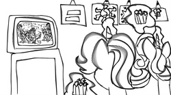 Size: 1024x568 | Tagged: safe, artist:pastel-pony-artist, applejack, fluttershy, pinkie pie, rainbow dash, rarity, starlight glimmer, sunset shimmer, twilight sparkle, alicorn, pony, g4, magical mystery cure, female, food, mane six, mare, popcorn, sketch, television, twilight sparkle (alicorn)