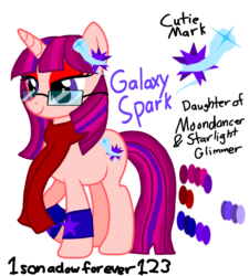 Size: 1082x1204 | Tagged: safe, artist:1sonadowforever123, oc, oc only, oc:galaxy spark, clothes, glasses, magical lesbian spawn, offspring, parent:moondancer, parent:starlight glimmer, scarf, solo