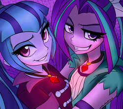 Size: 600x535 | Tagged: dead source, safe, artist:wubcakeva, aria blaze, sonata dusk, equestria girls, g4, bedroom eyes, clothes, duo, female, looking at you, necklace, rapeface, shirt, smirk